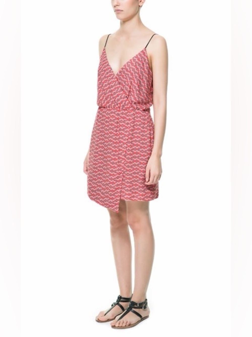 Zara Spaghetti Strap V-Neck Printed Mini Dress - Red/Navy Blue Pattern Large